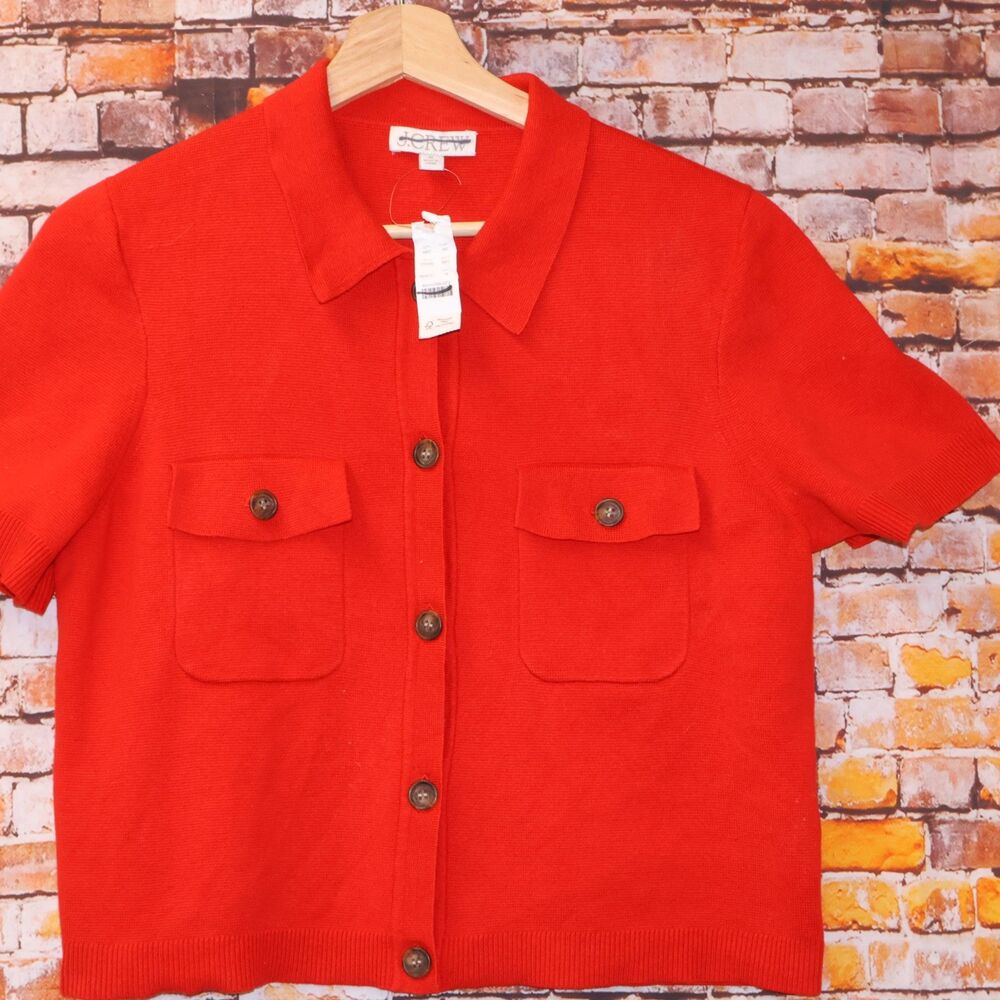 J. Crew Red Cropped Jacket Short Sleeve Bold Button Size M Style CG803 Statement